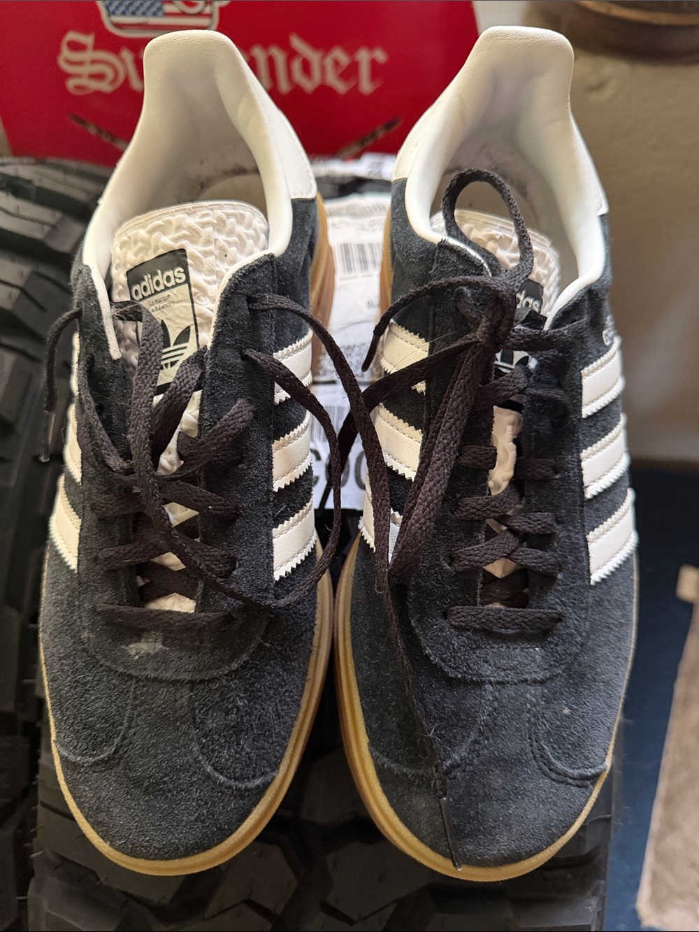 adidasBlack Suede Sneakers with White Stripes and Gum Sole